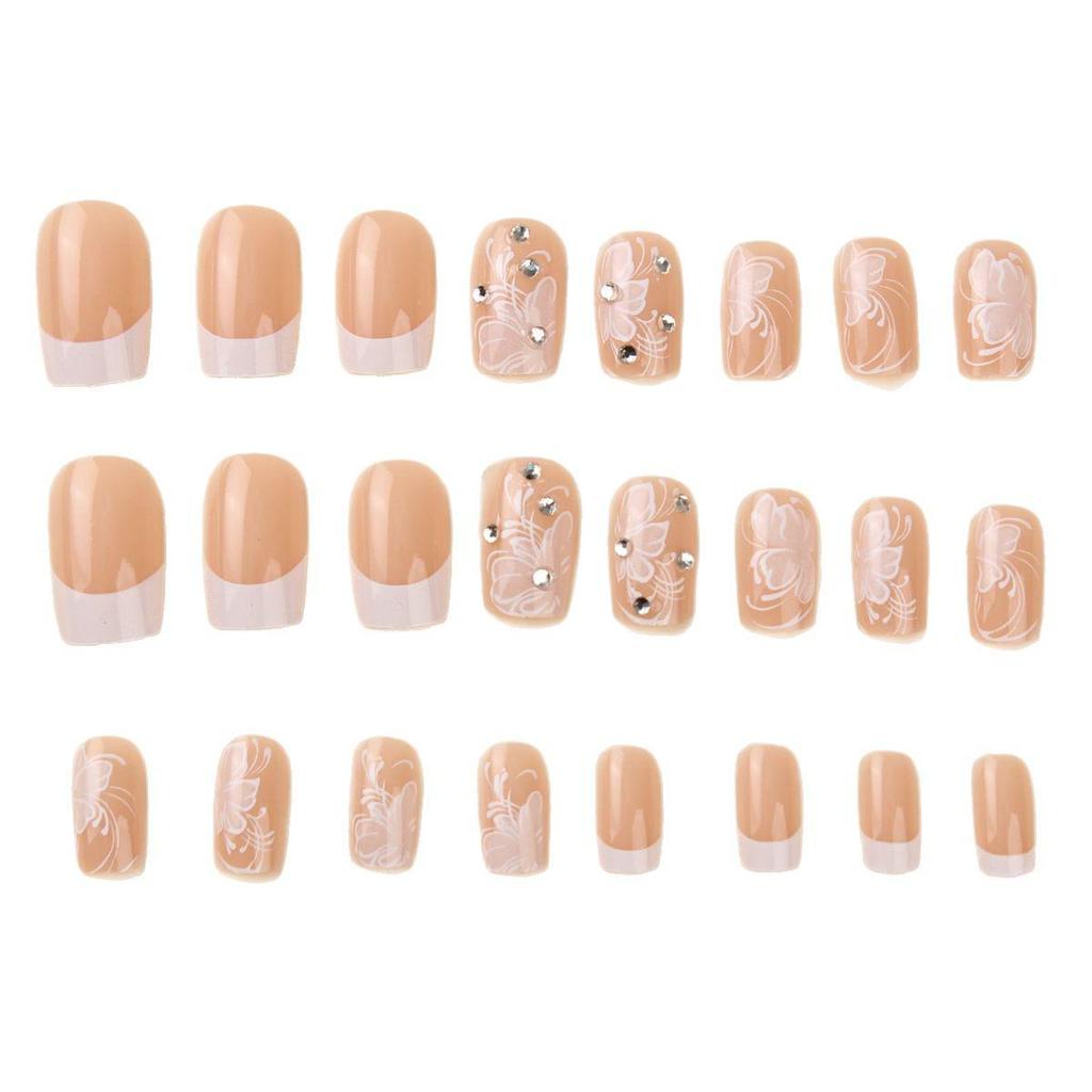 24-Piece Minimalist White French Flower Glitter Press-On Nails with 3D Rhinestones