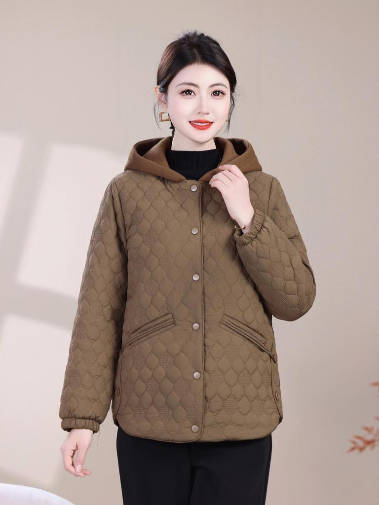 2025 Autumn/Winter Women's Diamond Pattern Hooded Cotton Coat - Warm Color Block Jacket for Middle-aged and Elderly Mothers