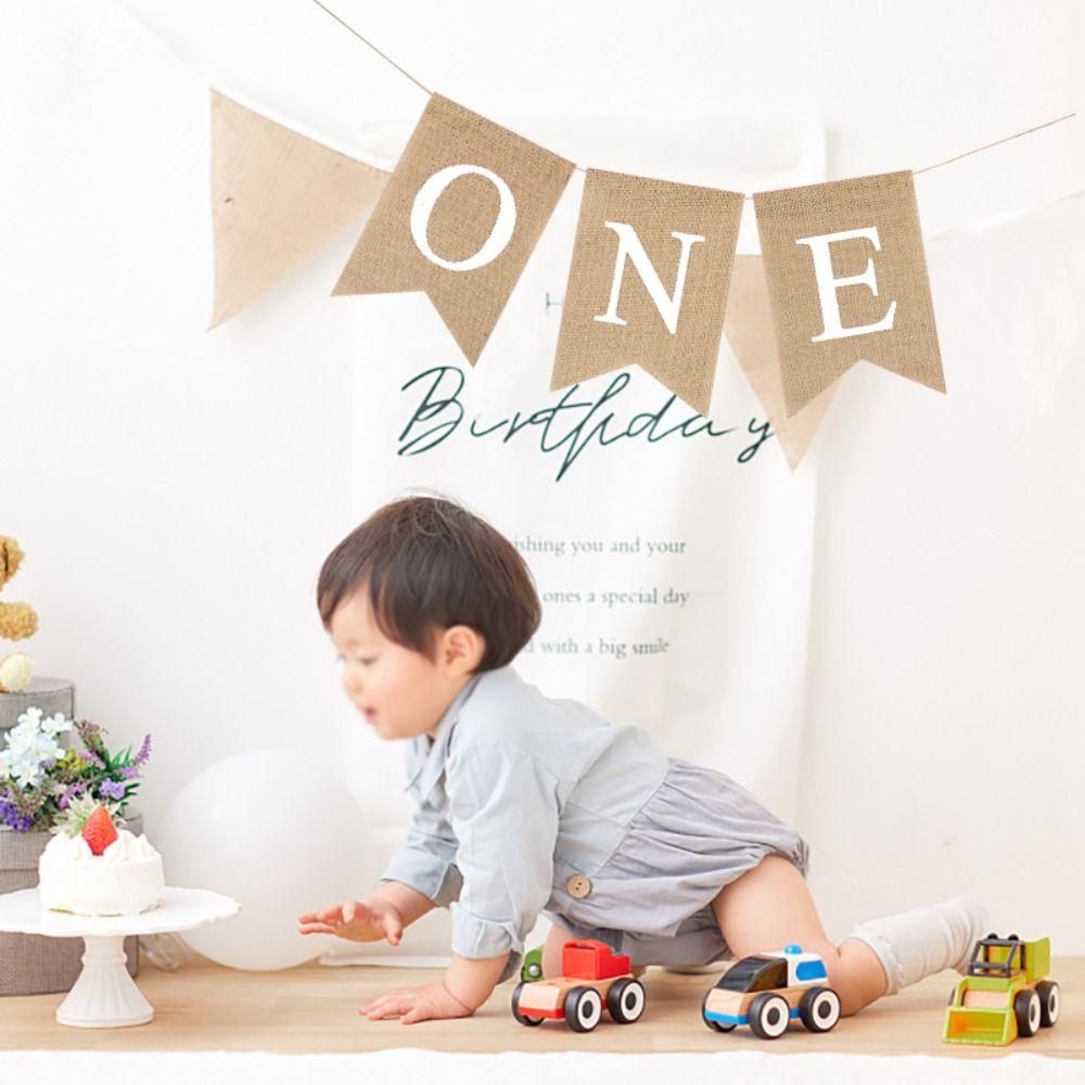 Festive Burlap ONE Garland Paper Baby First Party Decoration Chair Flag Banner  Baby First Birthday