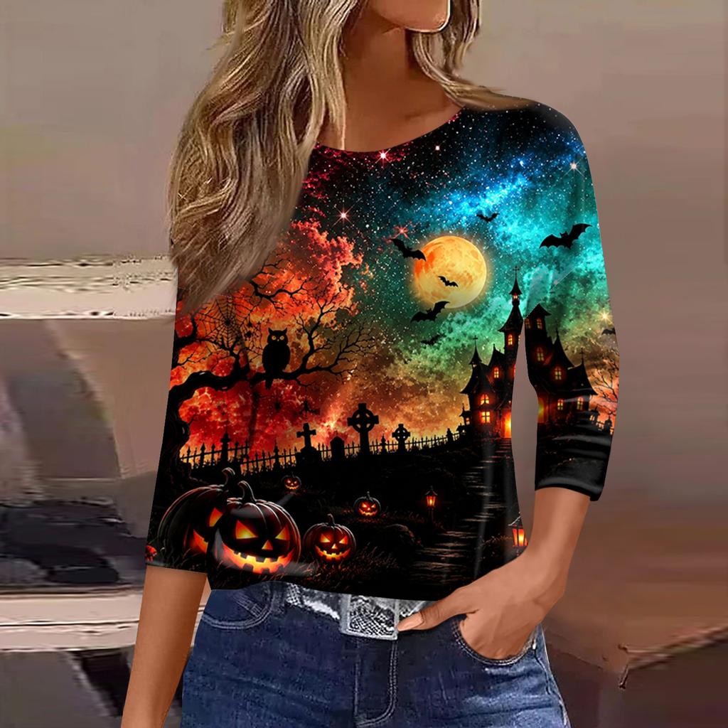 Women's Casual 3/4 Sleeve Halloween Print Round Neck Blouse for Party and Daily Wear