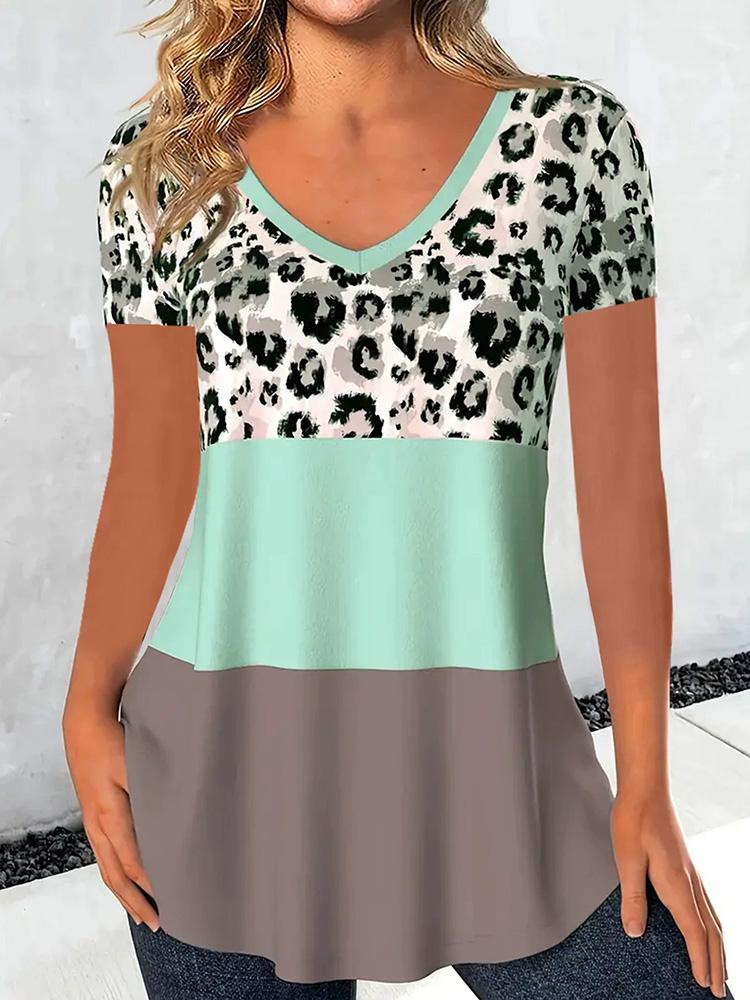 

Весна-лето Модная женская футболка с коротким рукавом и V-образным вырезом, трехцветная, с леопардовым принтом 2XL светло-зеленый