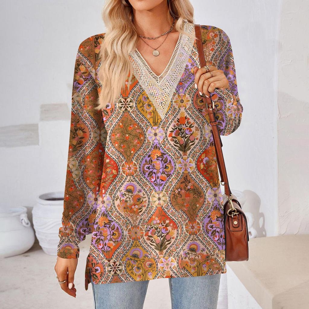 Damenoberteile Lockerer V-Ausschnitt Kontrastfarbe Schlitz Locker Langarm T-Shirt Damenoberteile