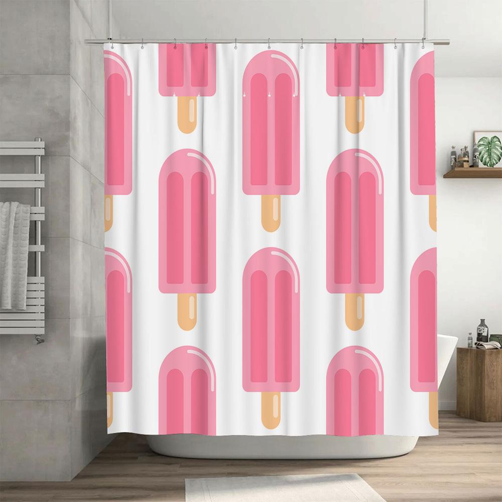Pink Ice Cream Print Shower Curtain Waterproof Home Bathroom Decor for Kids Bathrooms One Size (White)