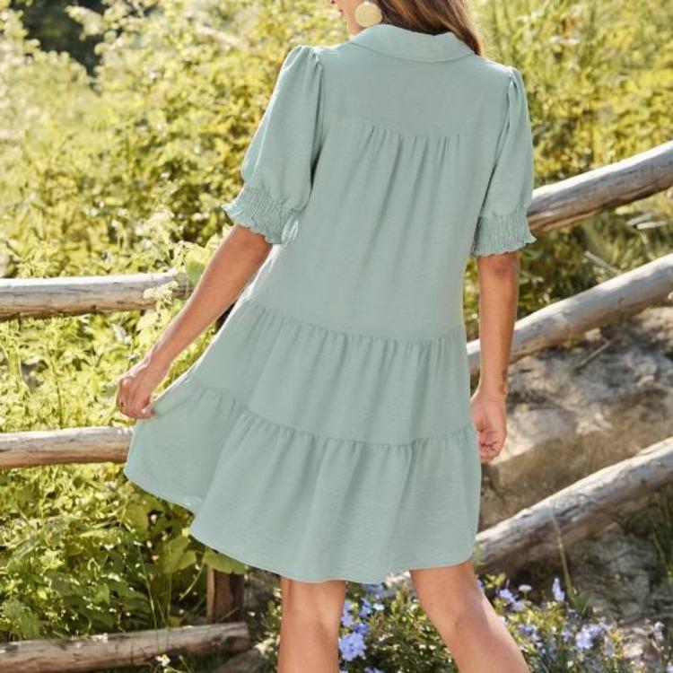 Casual Summer Swing Dress V Neck Short Sleeve Pleated Midi Flowy A Line Sundress Women Beach Dress with Lapel Collar