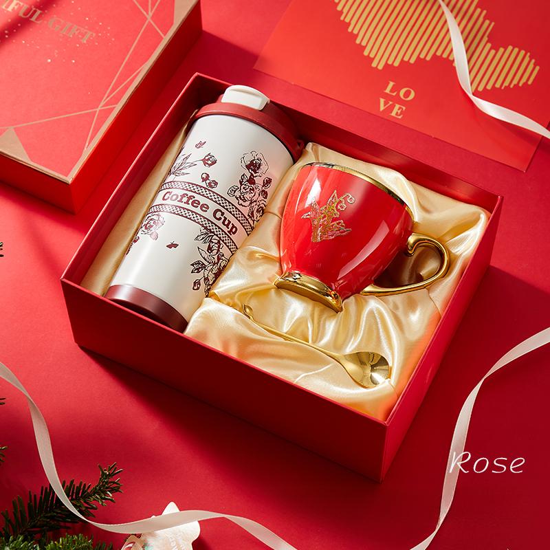 316 Stain Steel Thermos Cups 500ml Coffee Mug with Spoon Set of 3, Floral Ceramic Mug Gift Box for Birthday Wedding Christmas Valentine's Day