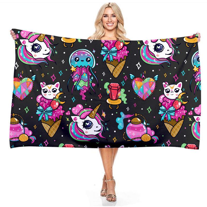 Cartoon Rainbow Color Unicorn Series Beach Towel 3D Digital Printing Outdoor Portable Bath Towel Quick-drying Cute Girls Towels