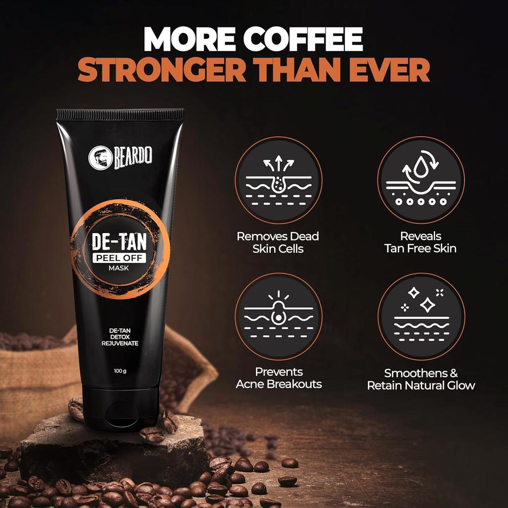 Beardo DeTan Peel Off Face Mask For Men 100 g Coffee Extract Deep Cleansing Tan Removal Blackhead Removal Smooth Skin Care