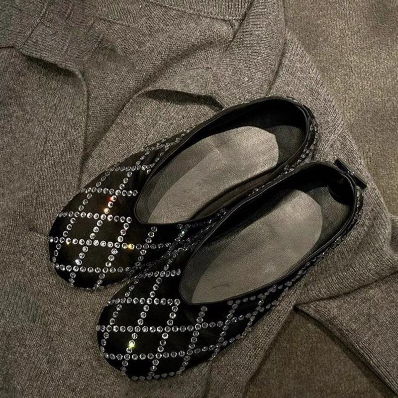 Niche Design Rhinestone Round Head Satin Ballet Shoes Women's Spring New Shallow Mouth Fashion Full Diamond Single Shoes