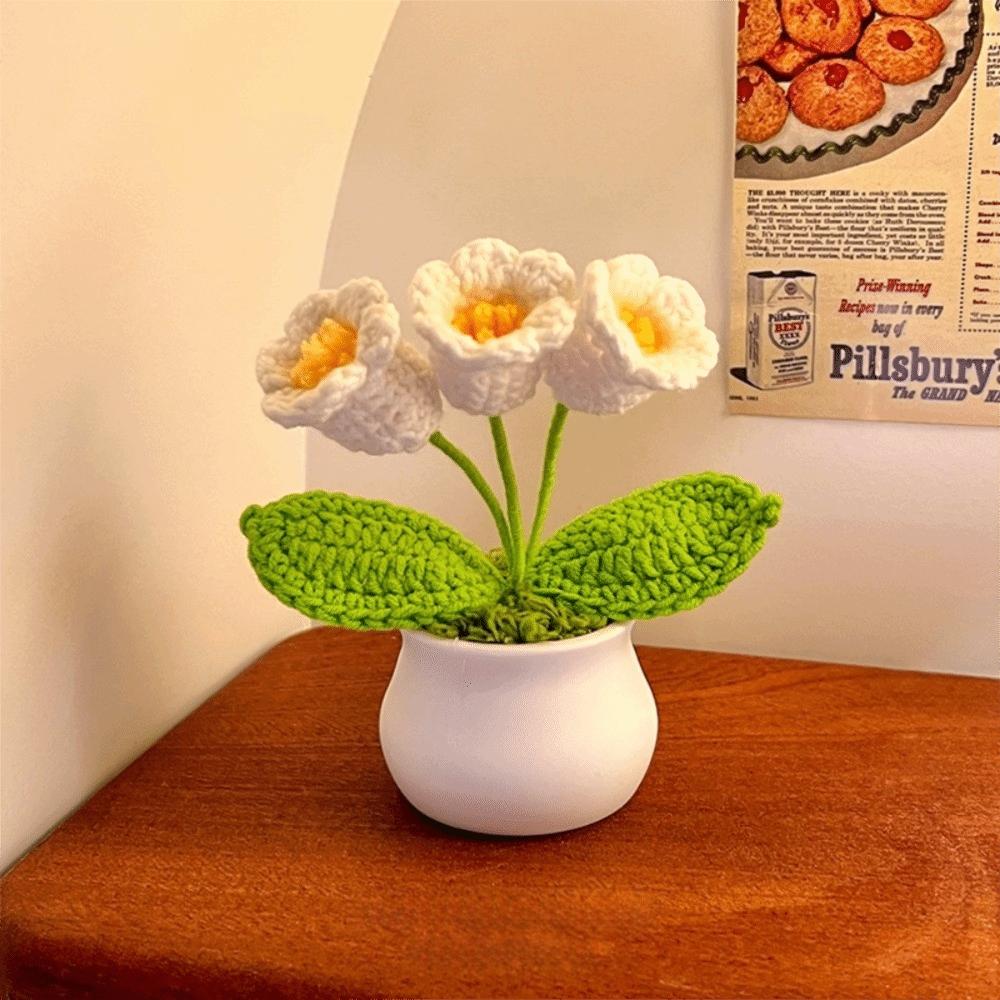 Hand Knitted Crochet Flower Doll Artificial Flower Potted Plant Wool Knitting Doll Forget-me-not Lily of The Valley