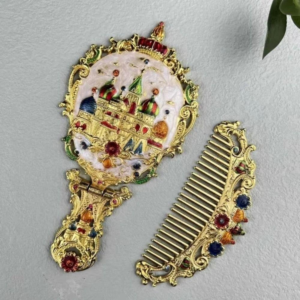 Collapsible Retro Relief Folding Comb Set Portable Foldable Cosmetic Mirror Dresser Vanity