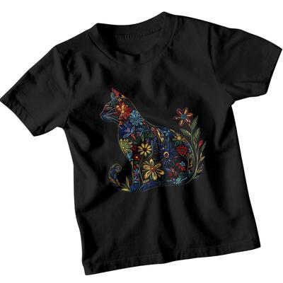 Floral Cat Animals 100% Cotton T-shirt Mens Tees Top Girls Decorative Kitty Tee