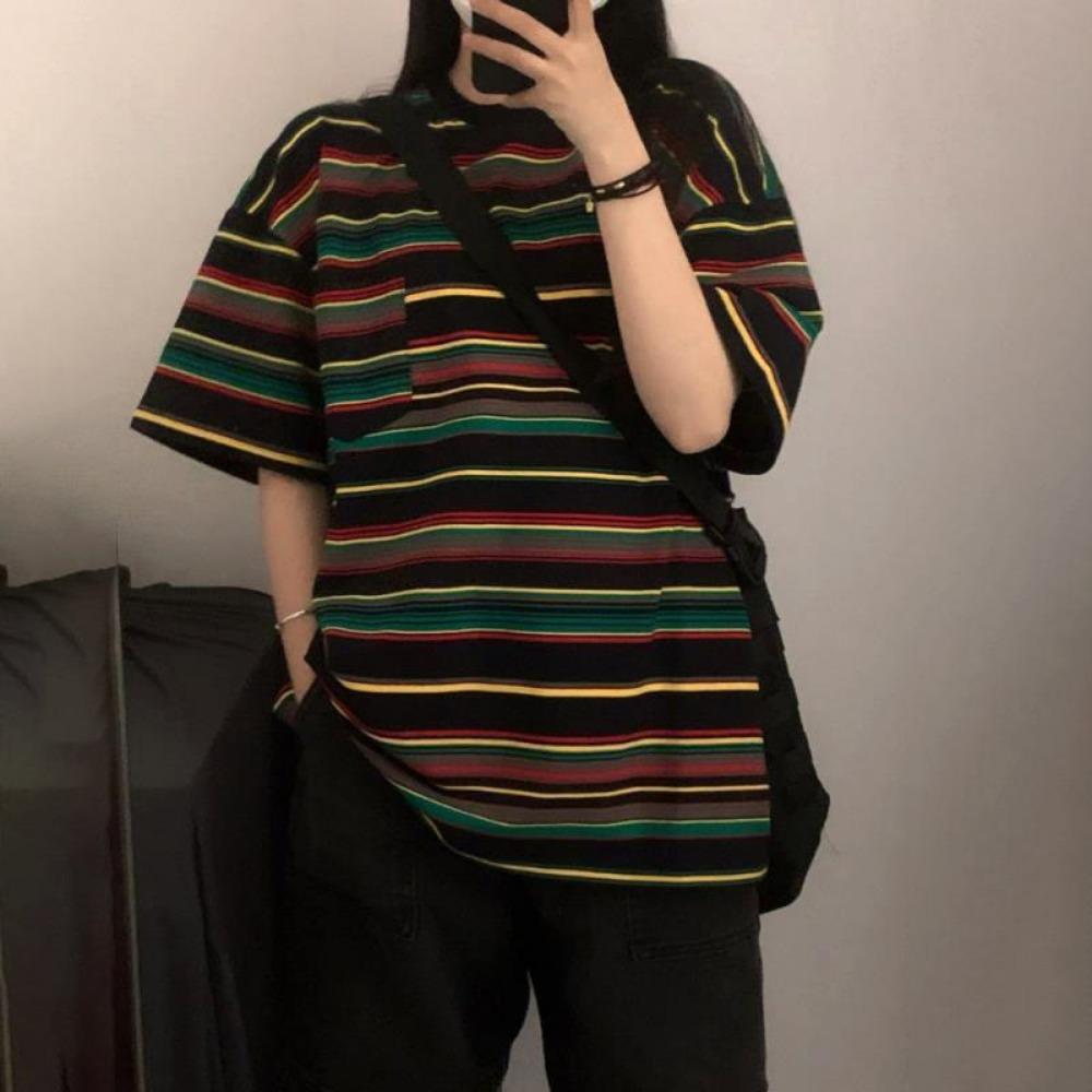 

Women s Clothing Casual Comfortable Striped Vintage Short Sleeve T-Shirt Summer Fashion Versatile Loose Stylish Half Sleeve Top M