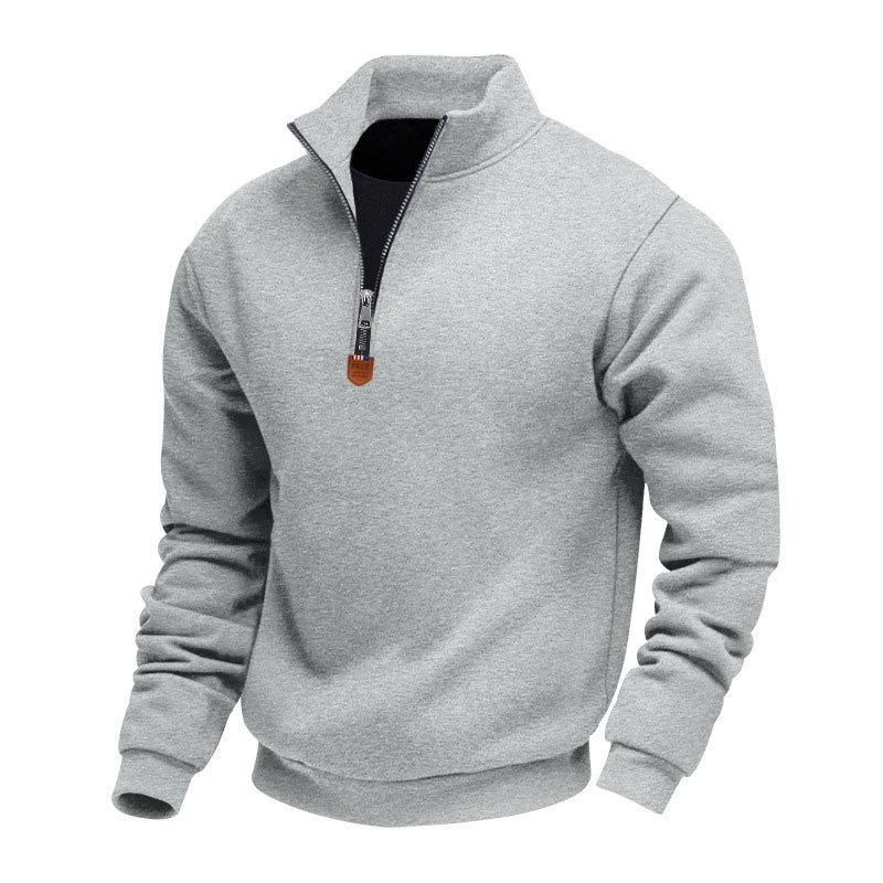 Men's Autumn/Winter Heavyweight Fleece Sweatshirt with Embroidered Logo Design, Half-Zip Stand Collar