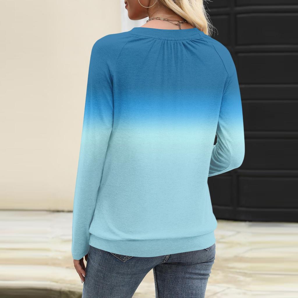 Women's Casual Fashion V-Neck Raglan Pleated Color Long Sleeve Top