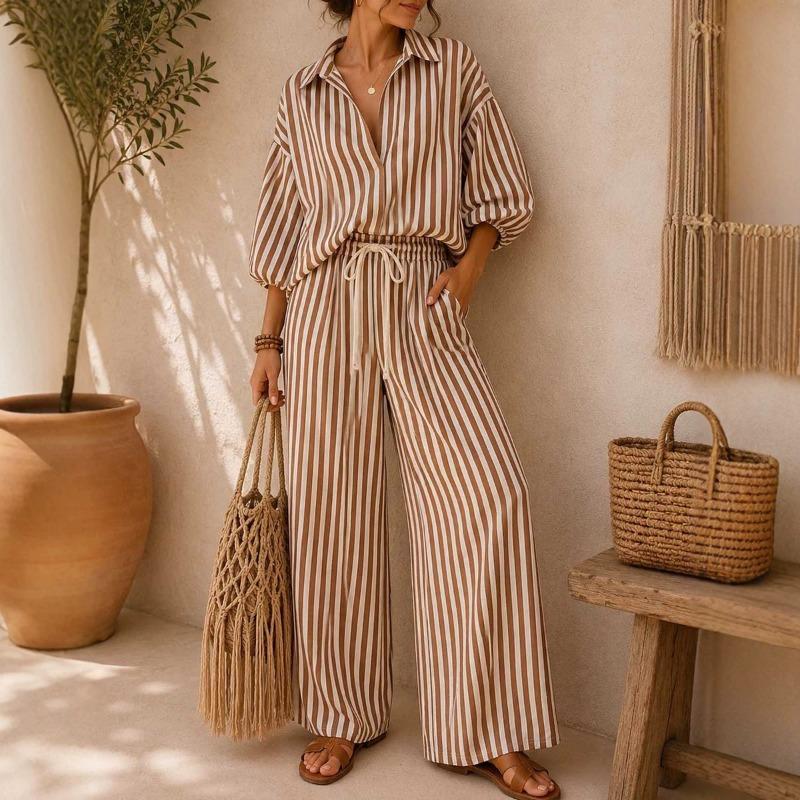 Fashion Striped Women Casual Long Sleeve Shirt Loose Pants Two Piece Set
