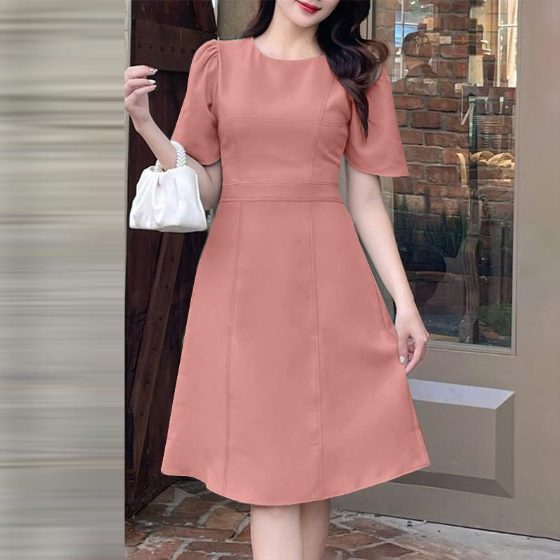 ZANZEA Damen Sommerkleid mit Rundhalsausschnitt, einfarbig, lässig, kurzärmelig