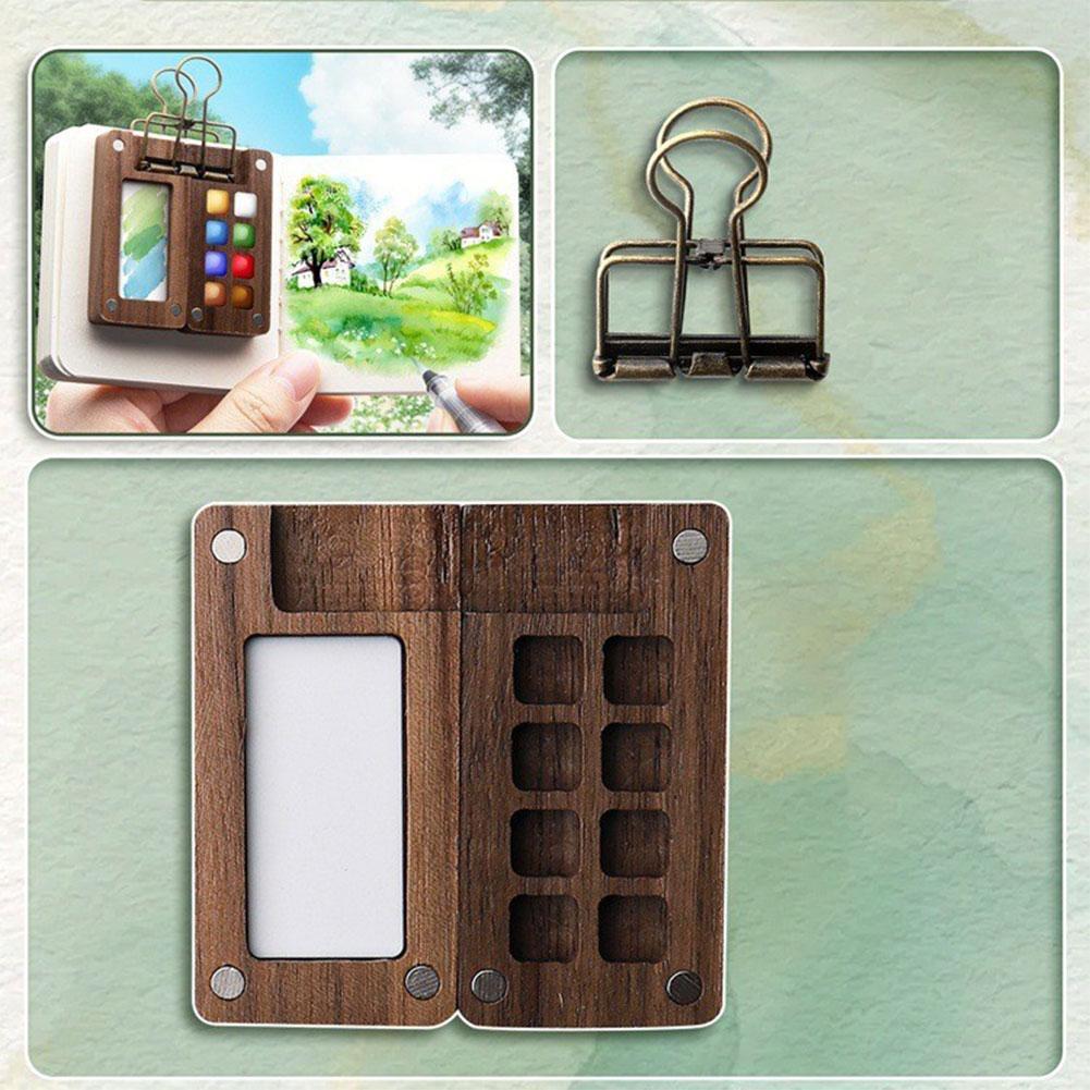 Travel Paint Palette Mini Watercolor Palette Set with Clip Portable Watercolor Set Wooden Grid Paint Box for Watercolor Painting