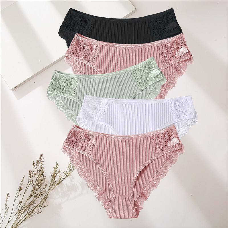FINETOO 5PCS/Set Women Cotton Underwear Panties Floral Lace Soft Intimates Underpant For Woman Sexy Ladies M-XXL Lingerie Panty