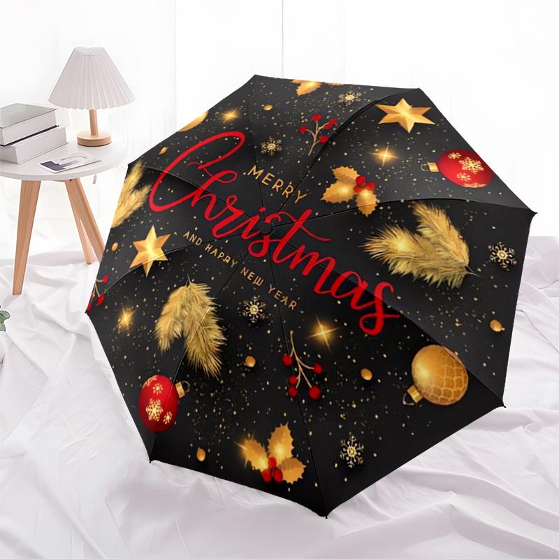 1pc Christmas Wreath Gold Glitter Umbrella with Plastic Handle,Suitable for All Seasons Home Travel Outdoor UmbrellaDD494