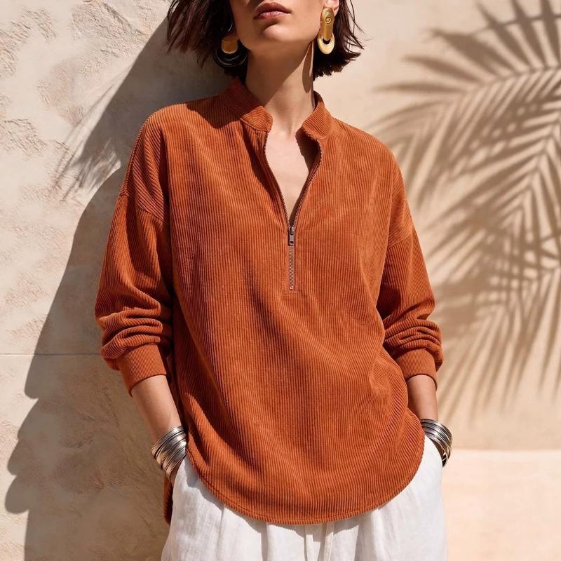 Women S Solid Stand Collar Long Sleeve Loose Corduroy Top