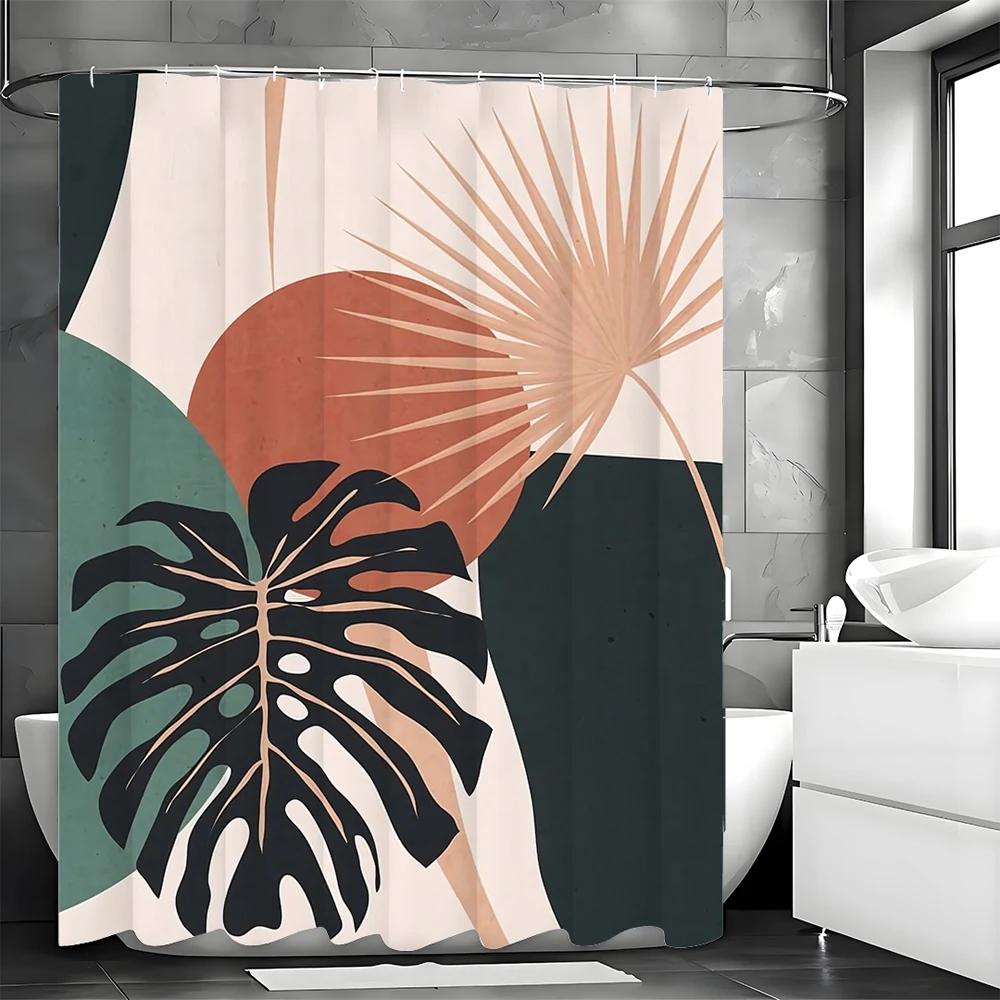 Mid Century Modern Bohemian Shower Curtain, Bohemian Arched Leaf Abstract Bathroom Decorative Shower Curtain, Waterproof Shower