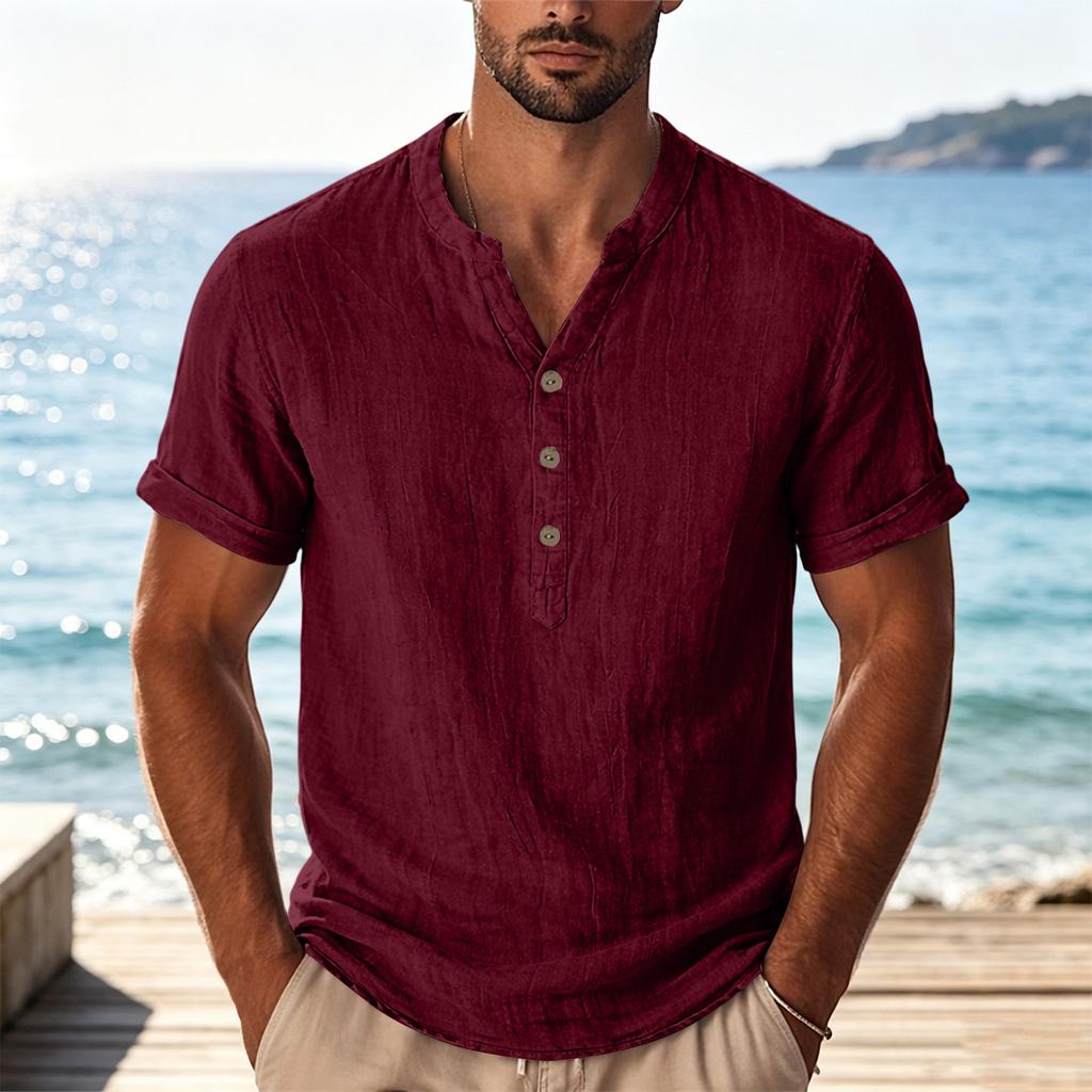 Mens Casual Button Neck Lightweight Short Sleeve Shirt Breathable Relaxed Fit Summer Top for Everyday Wear