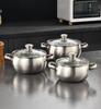 Stainless Steel Double-Ear Stockpot Set: Thickened Arc Design for Soup, Noodles, and More - 3-Piece Household Cookware Set.