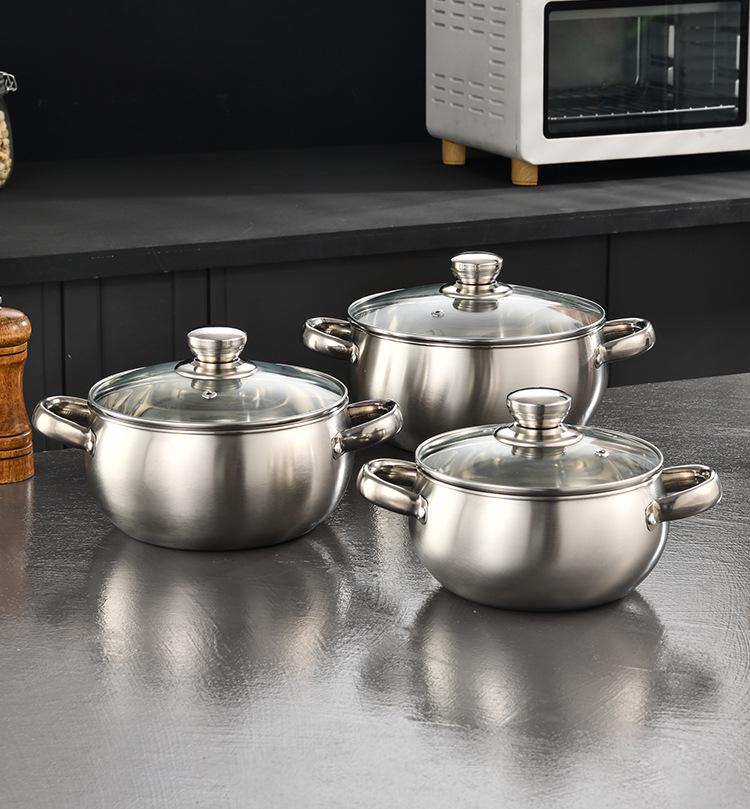 Stainless Steel Double-Ear Stockpot Set: Thickened Arc Design for Soup, Noodles, and More - 3-Piece Household Cookware Set.