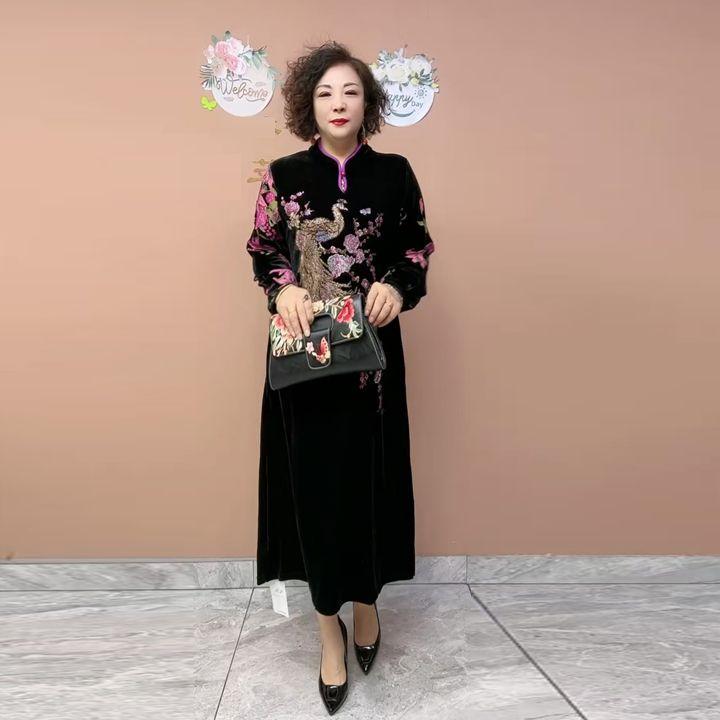 

Осінньо-зимова жіноча сукня великого розміру, вільна вишивка, довга велюрова сукня 6XL