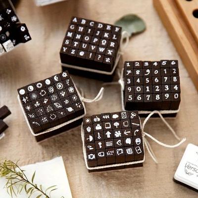 30pcs/box Cute Mini Wooden Rubber Stamp Set Alphabets Daily Life Lovely Stamps for Journaling Scrapbooking Card Making