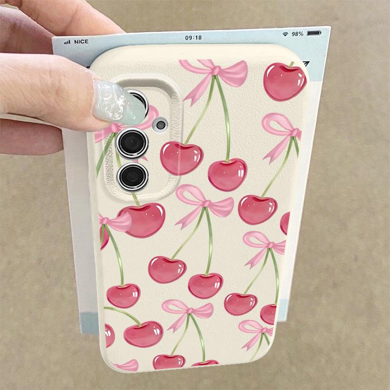 Crystal Cherry Fruits Bowknots Case For Samsung Galaxy A57 A37 A17 A56 A36 A26 A16 A55 A35 A25 A15 A54 5G S21 FE S22 S23 S24 Plus S25 Edge S26 Ultra