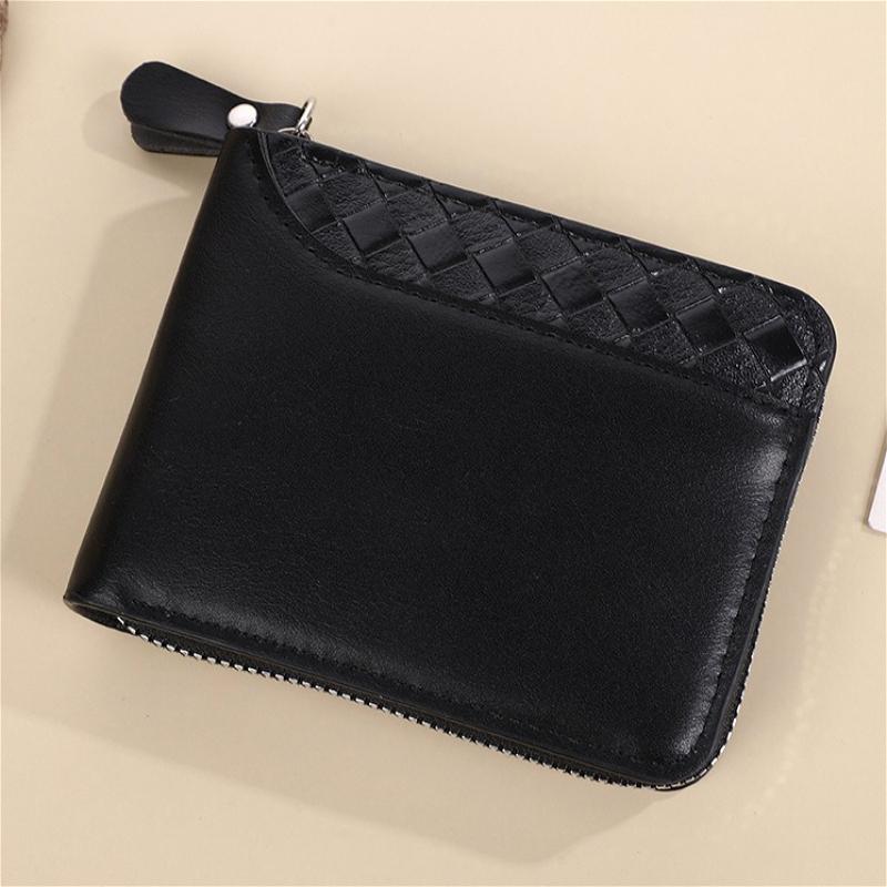 Herren Vintage PU Leder Geldbörse Reißverschluss Dreifach gefaltet Kurze Geldbörse Gewebtes Patchwork Multi Kartenhalter Münzfach Ausweisfenster Lässige Business Geldbörse
