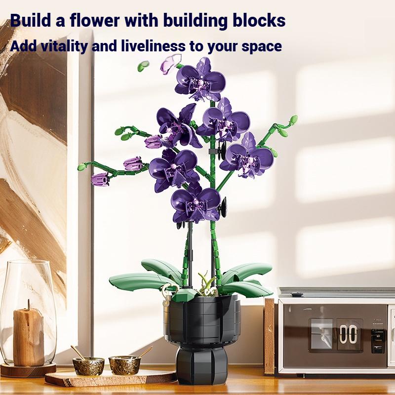Jj9235 Orchid Purple Charm Plant Flower Creative Bouquet Model Assembly, Girls Building Block Toy Set, Girls Holiday Toy Gift