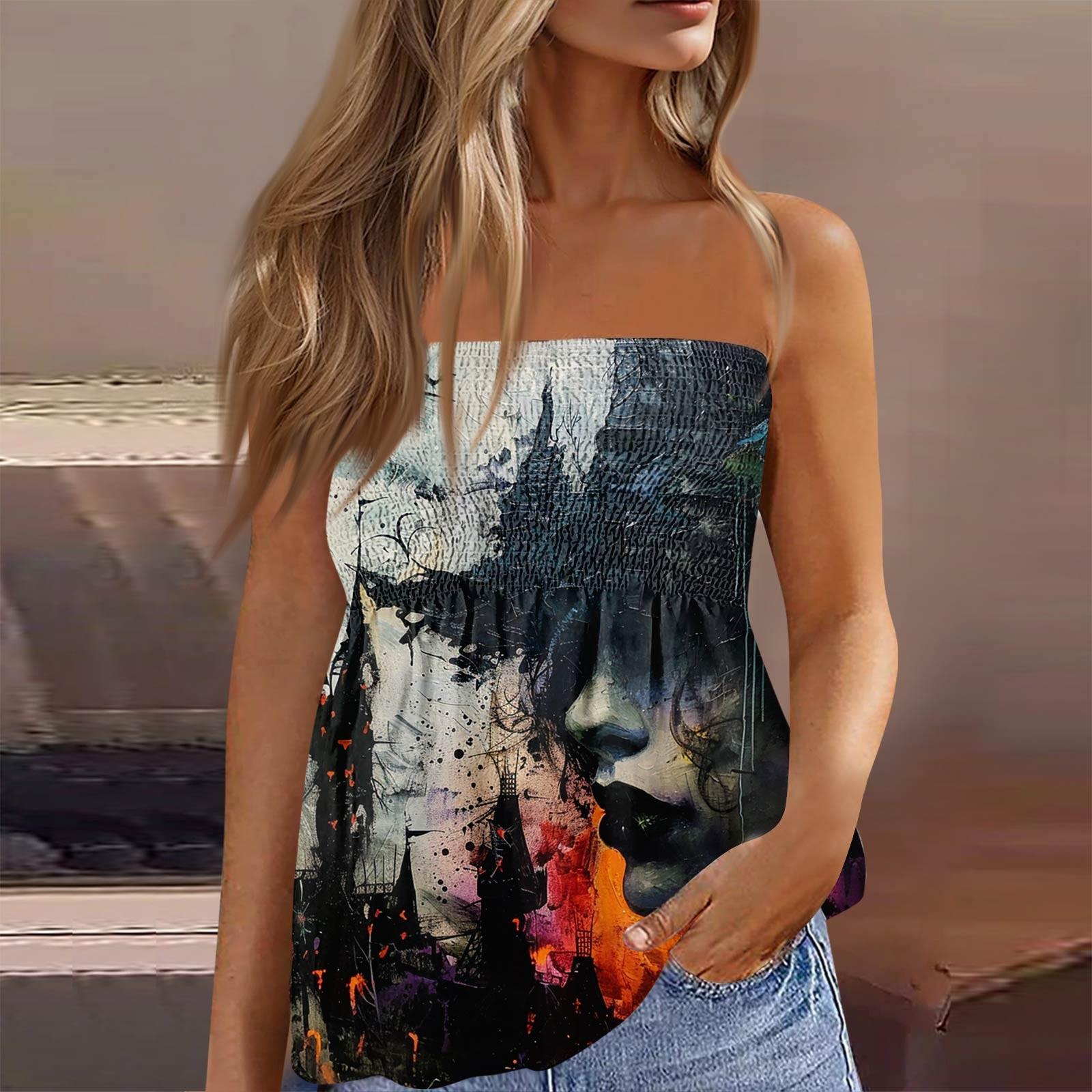 

Летние топы-трубы для женщин, милая сексуальная футболка без рукавов с принтом на открытых плечах M чёрный