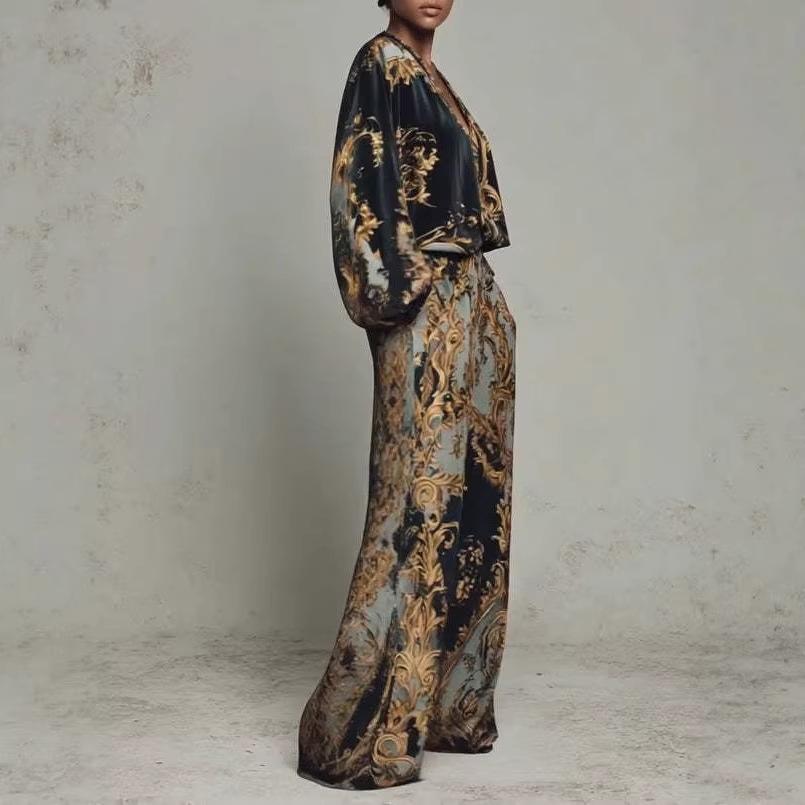 Women's V-Neck Long Sleeve Printed Tops Wide Leg Pants Set