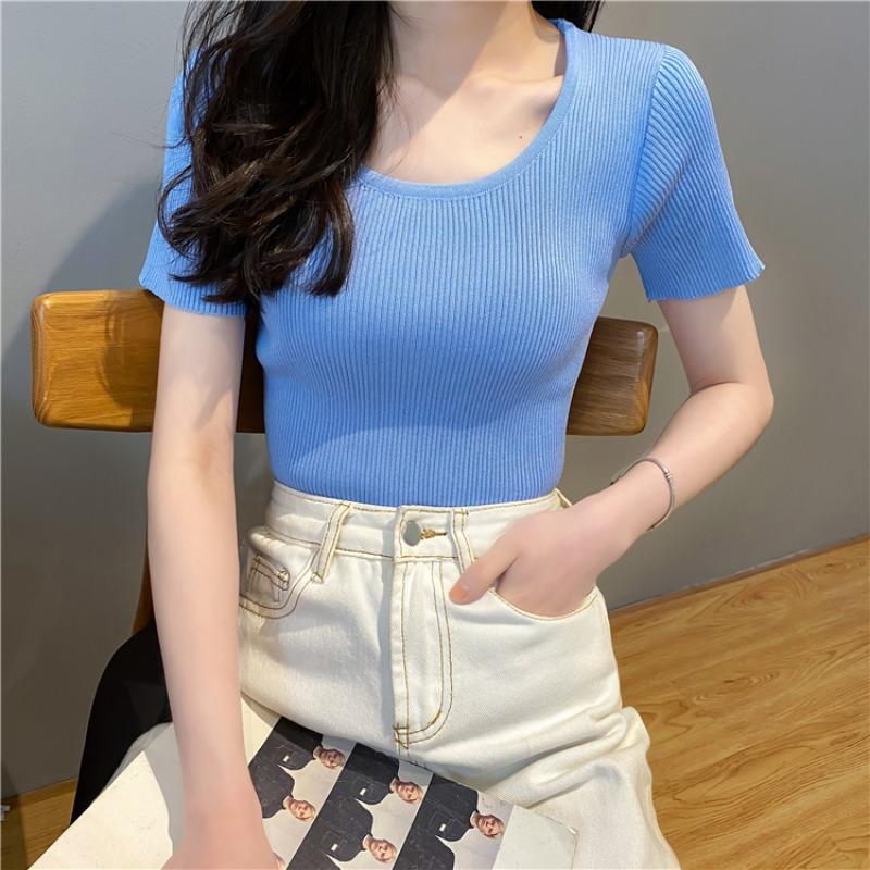 New Summer Round Neck Knitted Short Sleeve T-shirt Women Slim Fit Elastic Solid Casual Women's T Shirts Tops Fashion Elegant Simple Female Tee 26319