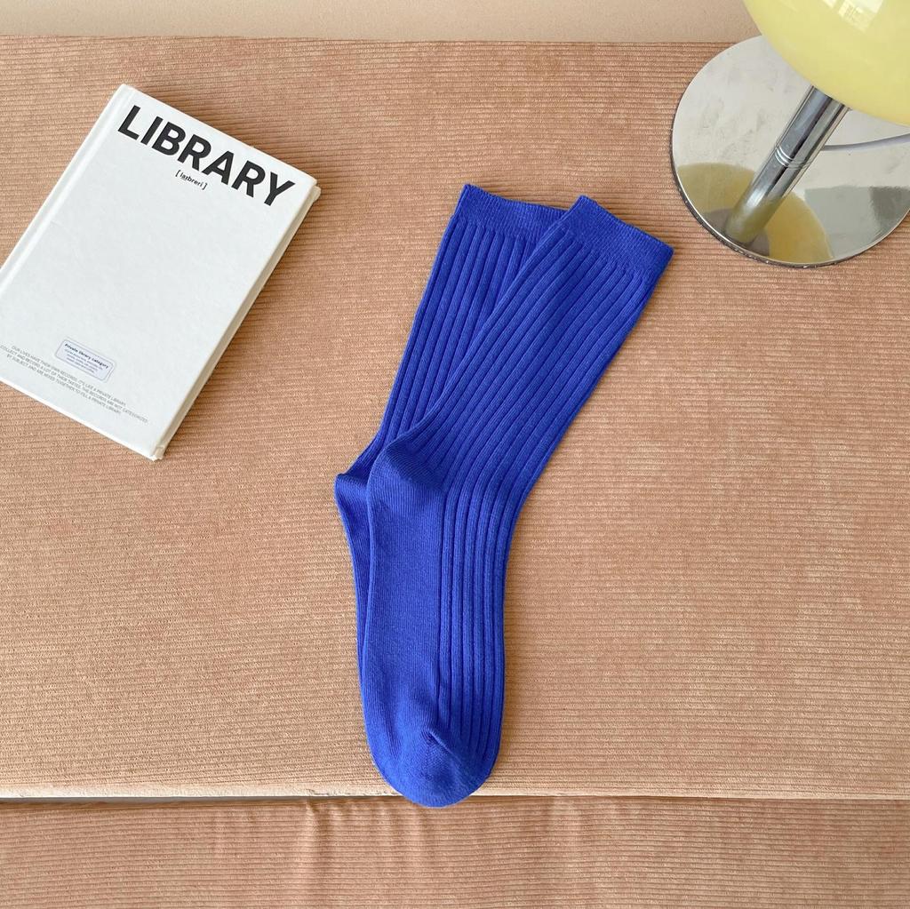 Dámské ponožky ze 100% čisté bavlny do půlky lýtek, trendy korejský styl, jednobarevné, dvoujehlové, podzimní/zimní svislý proužek, podkolenky s volným lemem