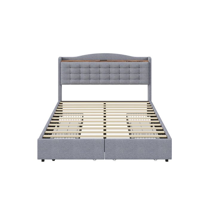 Lit double rembourré - MUVOE - 160x200 cm - Tiroirs de rangement - Prise USB intégrée - Tissu lin gris