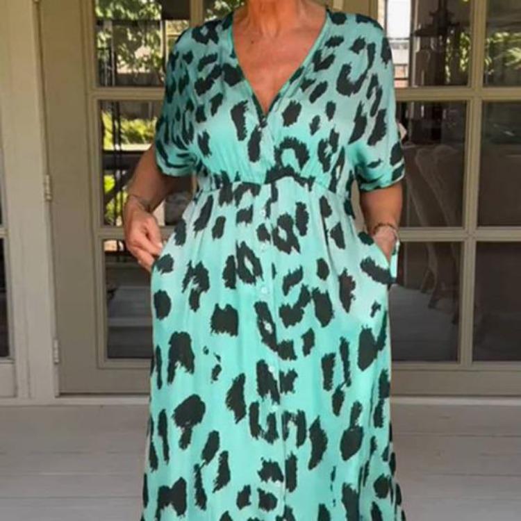 Leopard Print Women Maxi Dress V Neck Single Breasted Contrast Color Pockets Tight Waist Loose Ankle Length Soft Split Hem Lady Dress