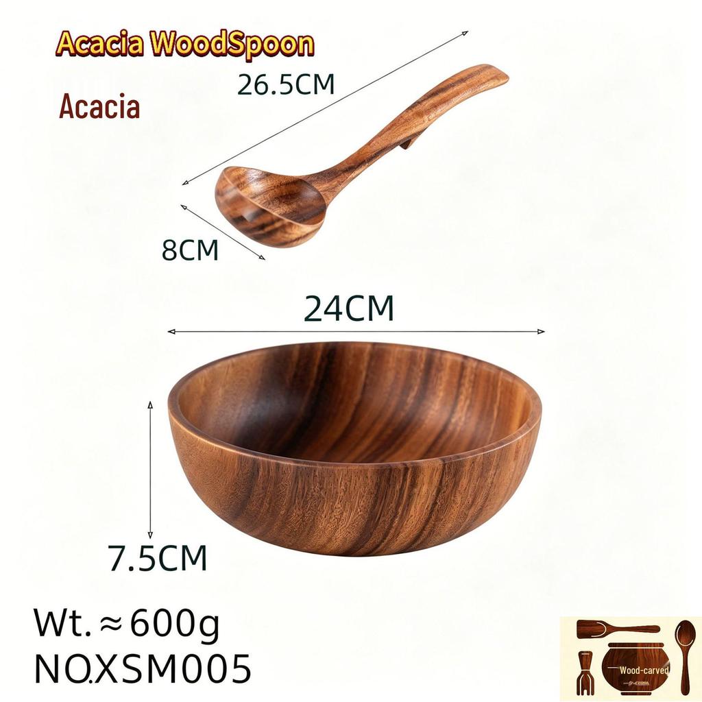 Teak & Acacia Wood Salad Bowl Set with Spoon and Hook