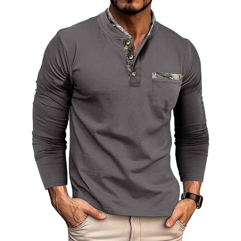 European and American Style Men’s Autumn and Winter Shirt Long-sleeve Henley Shirt Buttoned Double-collar Top