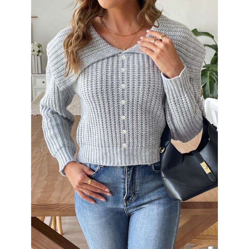 Damen Herbst/Winter Kurzer Pullover mit Perlenrevers