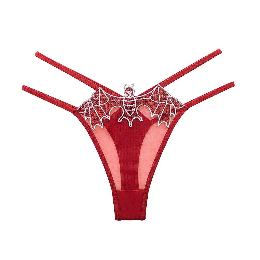 Sexy Thong Female Bat Element Shiny Embroidered Strap Hollow Transparent Tulle Seductive Girl Panties