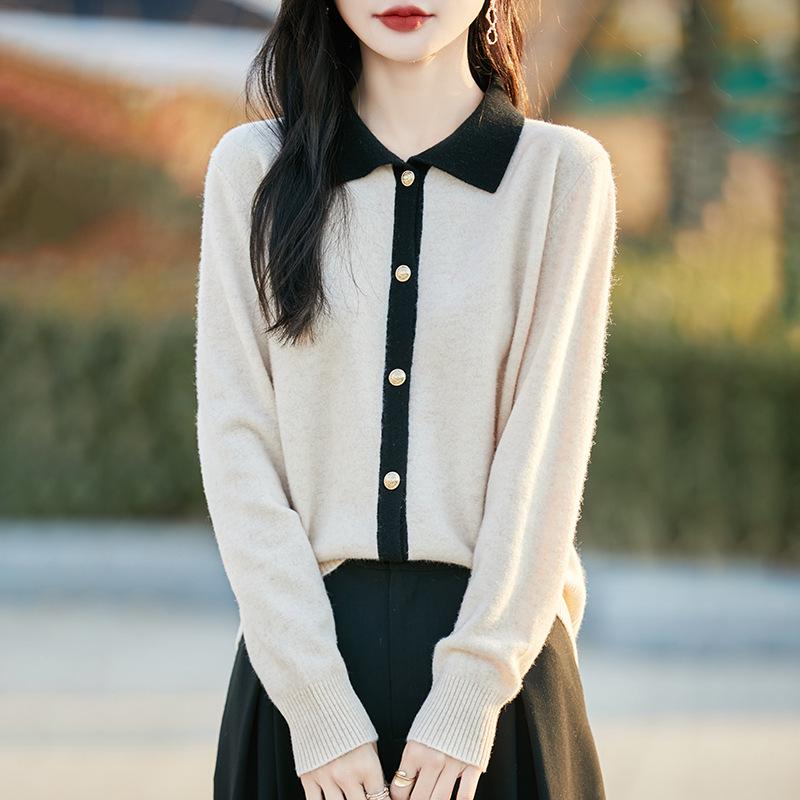 

Женский кардиган из шерстяного трикотажа с воротником поло в корейском стиле - Коллекция весна 2025, Теплый и стройнящий дизайн Medium светло-бежевый