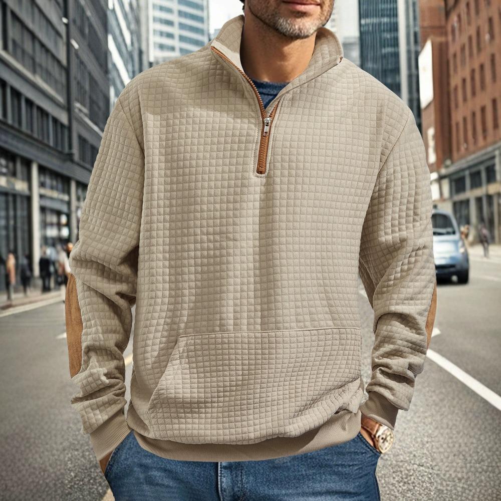 

Autumn/Winter Men s Casual Sweatshirt Jacquard Small Check Pattern Stand Collar Zip-Up Loose Fit Top S