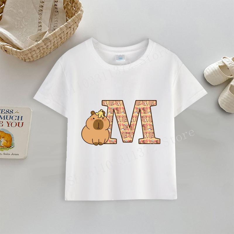 Tričko kapybara Potisk písmen A-Z Top Roztomilý Kreslený Anime Chlapecké Dívčí Oblečení Bavlna Kulatý Výstřih Kojenecké Krátký Rukáv Venkovní Oblečení