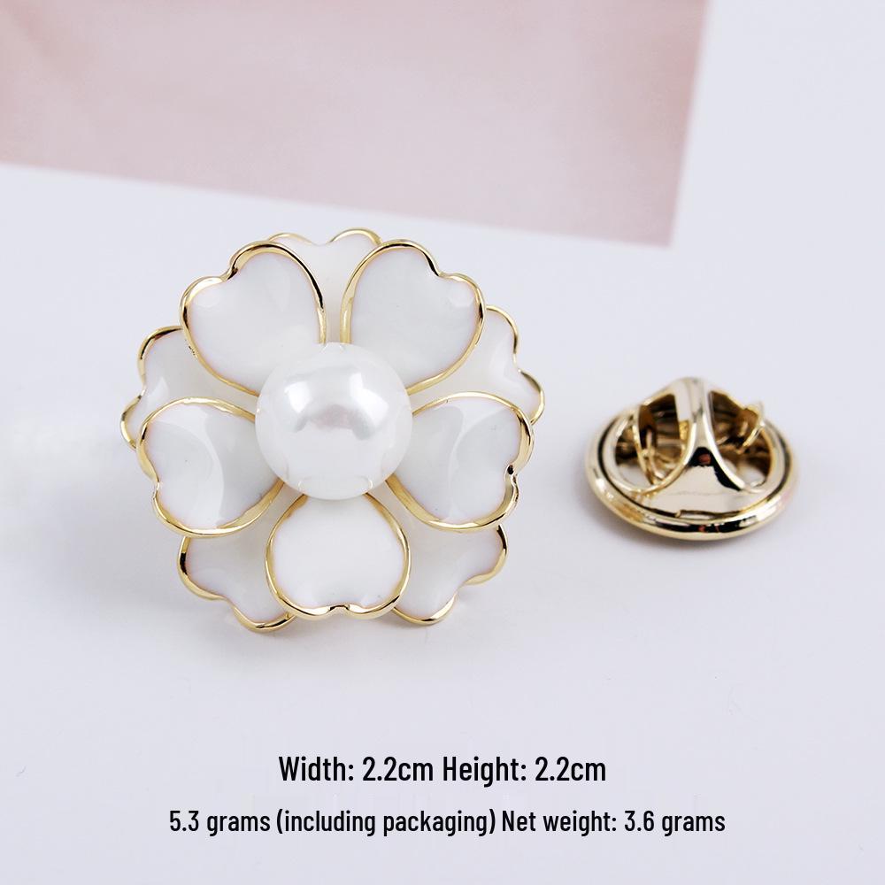 Enamel Camellia Brooch: Gold-Plated, Pearl-Studded Lapel Pin with Secure Clasp