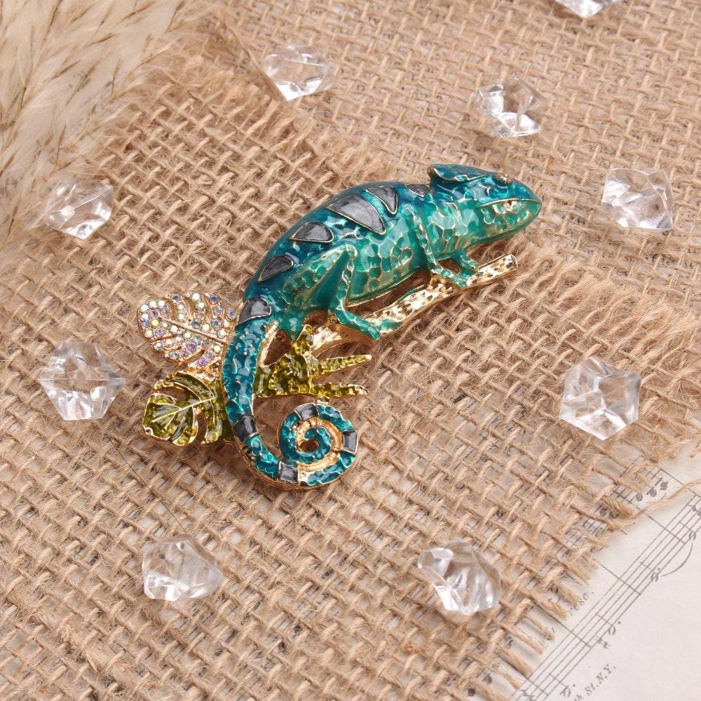 

Vintage Chameleon Brooch, Gold Tone Teal Enamel Black Accent Rhinestone Leaf Pin