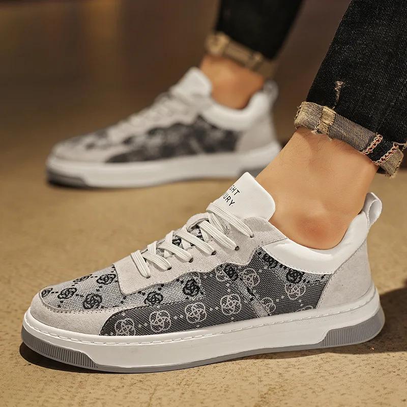 New Men Shoes Trend Leather Casual Shoes Designer Flowers Print Flat Skateboard Shoes Street Cool Lace-up Sneaker
