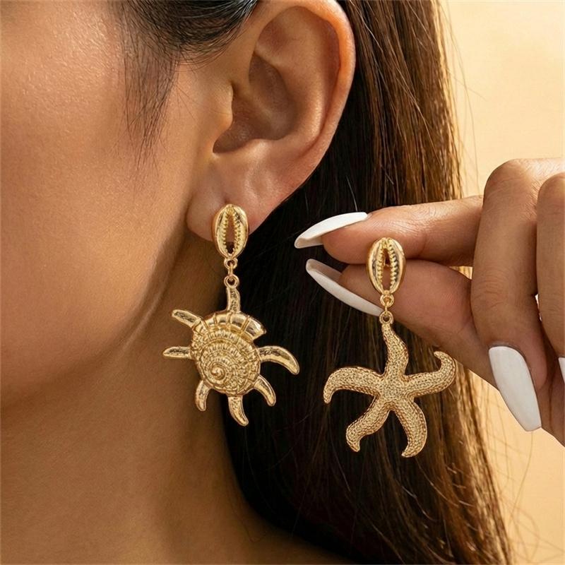 

Ocean Style Asymmetrical Conch Starfish Dangle Earrings for Women Metal Textured Scallops Shell Earring Beach Mismatched Jewelry